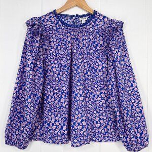 J Crew Factory Ruffle Shoulder Floral Top Long Sleeve 2022 Size Medium Blue Pink
